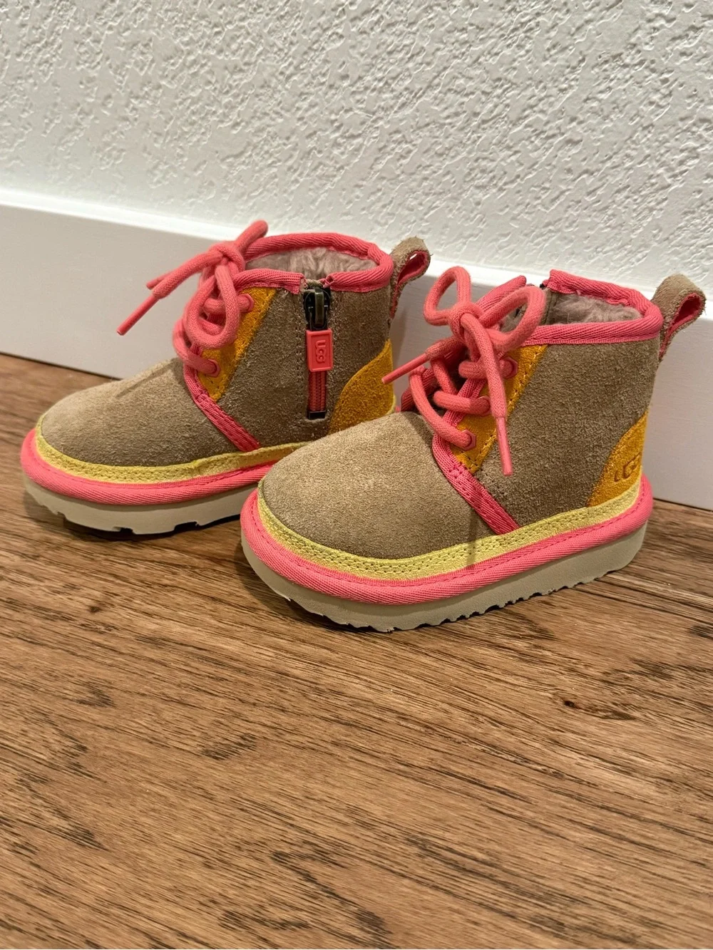 UGG Toddler Tan Suede Boots with Pink and Yellow Accents